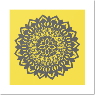 Flower Mandala Grey and Yellow Posters and Art